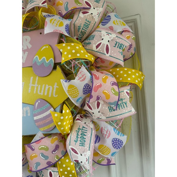 Easter Bunny Jelly Bean Trail Egg Hunt Sign Mesh Ribbon Spring Wreath - Picture 3 of 8